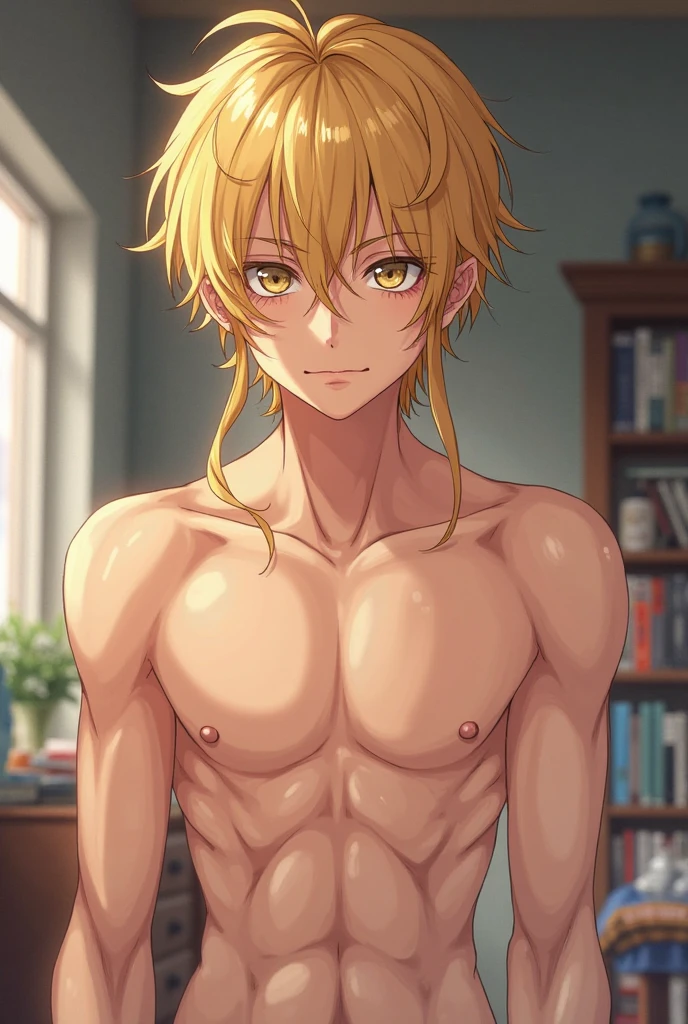 Masterpiece, Best quality, High quality, 1boy, Solo, Male Shirtless, showing his muscle, view the viewer, lying on bed, yellow hair