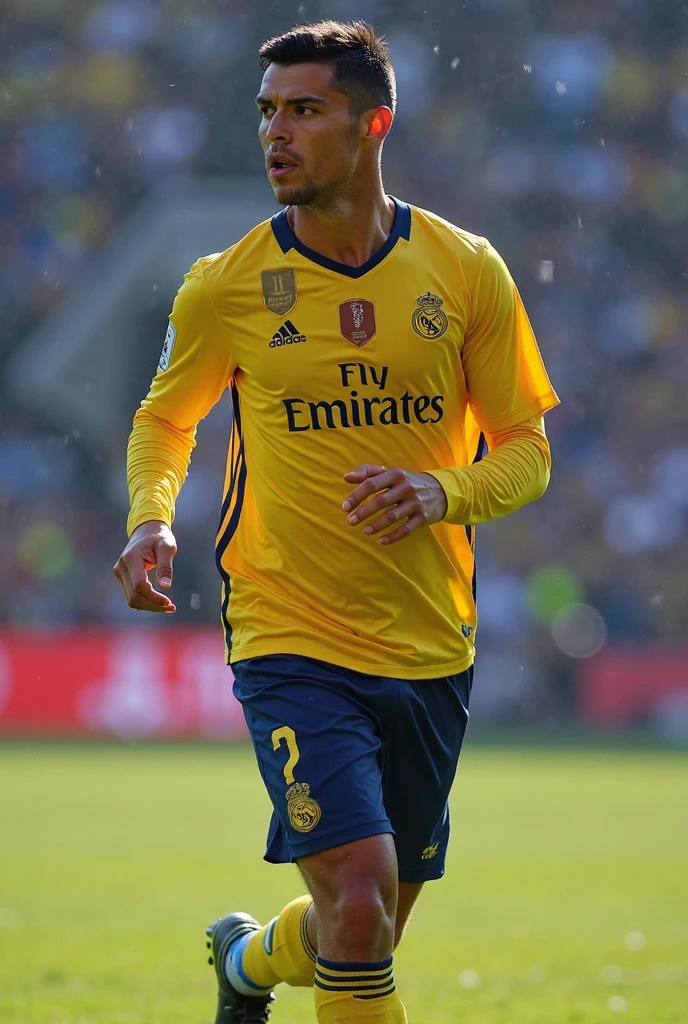 Make an animated football player with a Real Madrid shirt, young brazilian with white hair short haircut, Brazilian player, with a black background and with a goatee and mustache