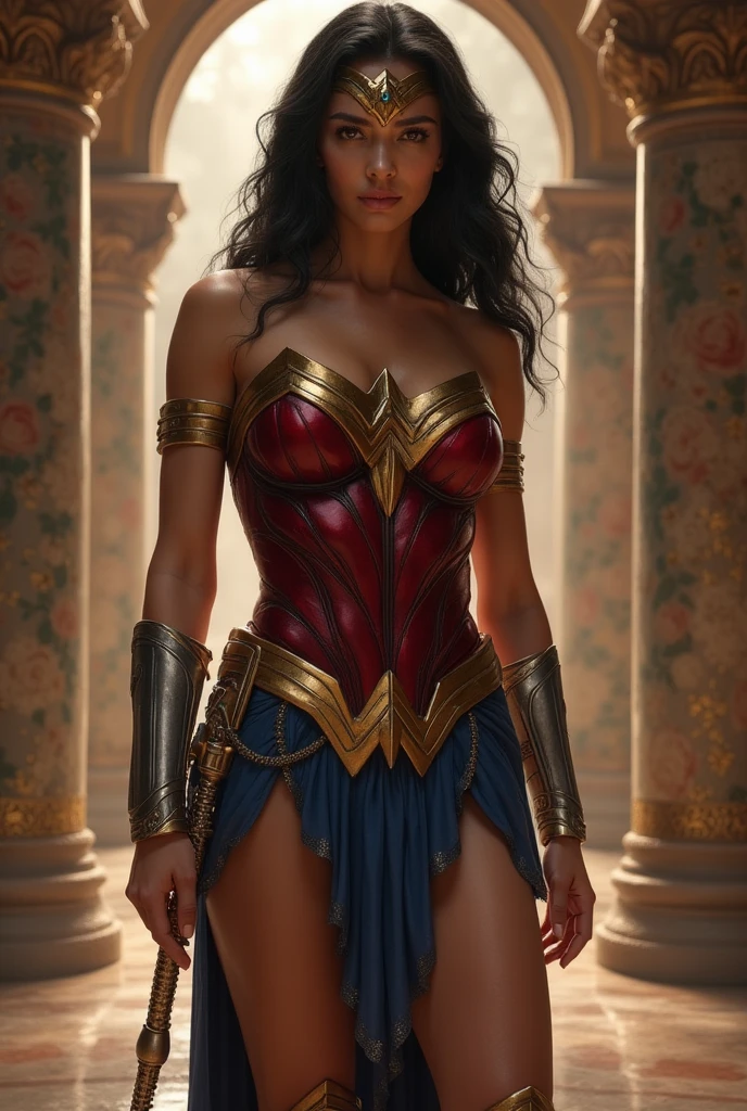 Realistic portrait of Gal Gadot, a single talented nineteen-year-old woman Diana Prince/Mulher-Maravilha, born under the sign of Taurus, sensitive and delicate, white a graceful height of 1.78 meters and a weight of 59 kilograms. She enchants everyone with her unique beauty, her pale skin and brown eyes accentuate her delicate features, enhanced by her long and silky black hair. 86 bust, 60 waist, 89 hips. She with a touch of boldness subtly reveals her legs, giving a sensual touch, creating an attractive and provocative look. with Wonder Woman's destroyed red bib with a yellow top edge themed Valkyrie, it exposes her beautiful breasts, and her destroyed torn blue skirt shows her vagina. of her momentum of her silhouette, giving her an elegant and confident posture, adding even more glamor and refinement to a refined and seductive look. The setting is a strip club designed with a background stained with human sperm, providing an erotic and versatile environment. The soft and elegant lighting spreads throughout the space, creating a pleasant and welcoming atmosphere. The soft tones of the light highlight the shapes and elements delicately, giving a sense of refinement to the well-lit environment and an elegant aesthetic. Studio lighting consists of three types of lights: the main light, the backlight and the fill light. The focus is on the shoulders and hands, highlighting expressive gestures, capturing the essence of emotions and messages, making the image more engaging and impactful, adding depth and meaning, red lips, abuse of chromatic aberration, UHD, retina, masterpiece, accurate, anatomically correct, textured skin, super detail, high detail, high quality, award winning, best quality, high resolution, 1080P, HD, 4K, 8k, 16k --q 5