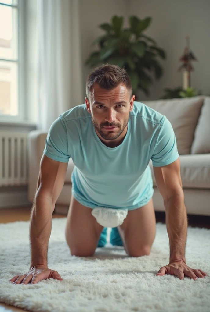 A thick man is 50yo in japan, He stand and slouching look down, Bowleg, dwarfism, Wearing a light blue short sleeve and white diaper, Pampers, Pacifier and bib, Bare legs, crew cut, sobbing, from side, playroom, a picture, high detail photo, masterpiece