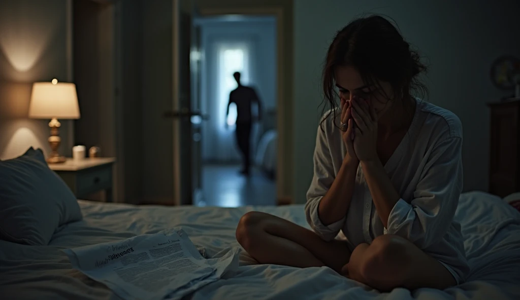 create an image where there is, a very disappointed woman sitting on a bed, E no fundo, a little to the side, a very sad man because he failed at the right time