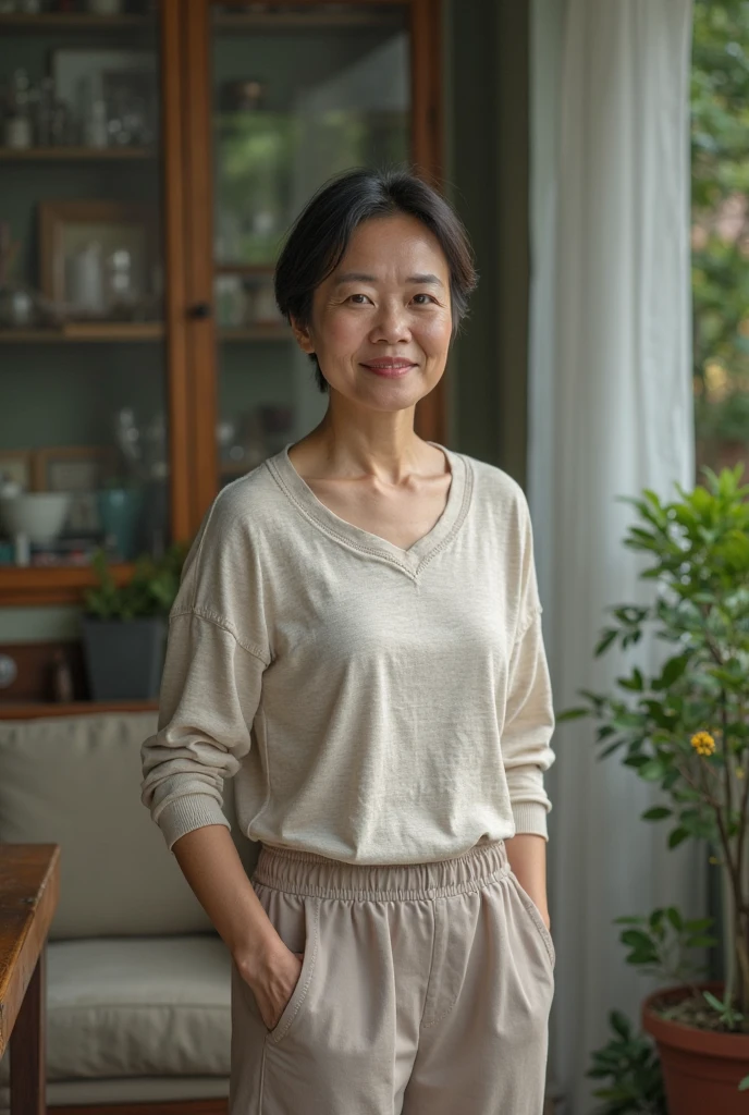Portrait、8k、high quality、realistic photo images、29-year-old、japanese woman、neat wife、、housewife、Reproduces natural and realistic eyes、japanese stand、beautiful black hair、short hair、light makeup、octane rendering、beautiful lighting、composition of golden ratio、laughter、everyday wear、casual clothes、natural background、blurred background、High level image quality、Pure Japanese humanity、beautiful wife、Upper body、light makeup、No makeup、pure beauty、plain clothes、grey、beige、green、Plain color、casual clothes、slight smile、small black eyes、background bokeh