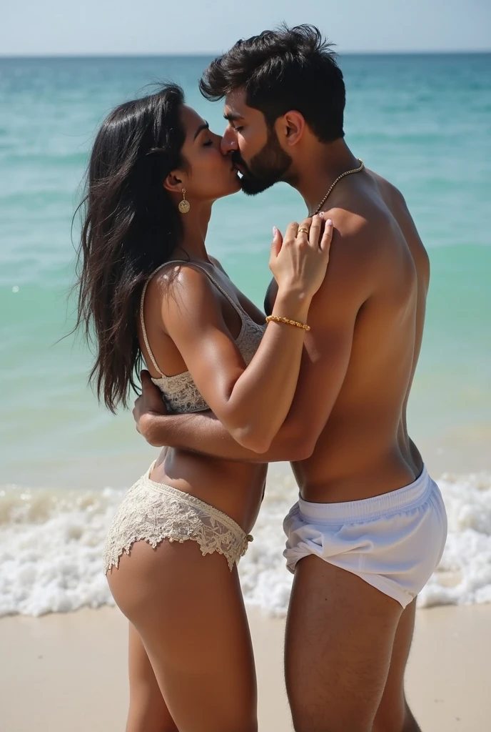 Full-body shot of a stocky 30-year-old Mexican man embracing and kissing a nude young woman on the beach