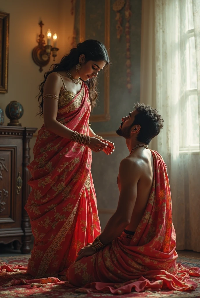 Smiling and Beautiful indian woman in dark pink silk saree lifting up a large man on her hips like a baby , in a room with high ceiling, full body view