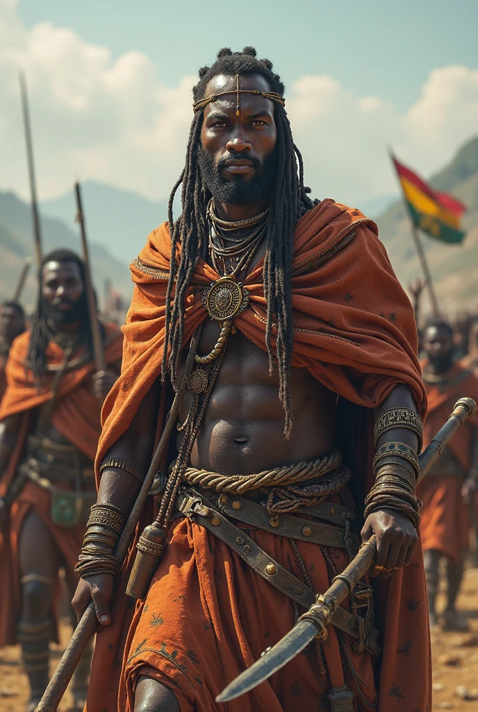African man covered in straw with staff in hand. Deus africano da palha no deserto, Feiticeiro Africano, textura de palha seca natural, retrato realista, altamente detalhado, foco nítido, cinematic lighthing, Facing the camera squarely, rim lighting, dual-tone lighting,