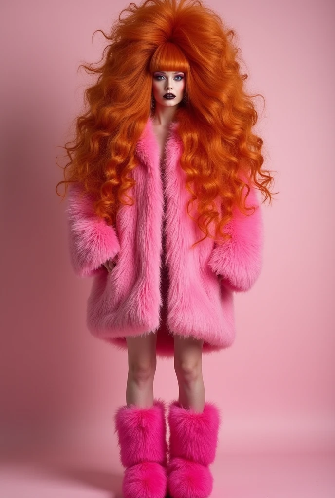 (full body shot, ultra-detailed, best quality, photorealistic:1.37, 4k, realistic, photography, female model, curly redhead, dressed with furry coat, iconic pose, very dark, low key, detailed facial features, pink fog, vibrant colours, 35mm)