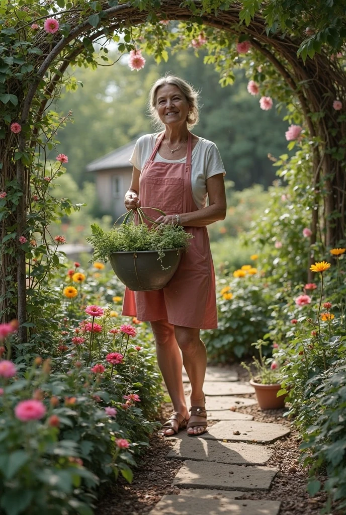 A woman is harvesting green vegetables in the yard,The yard is full of vegetables,he is happy,There is sun in the yard,There is a thatched hut