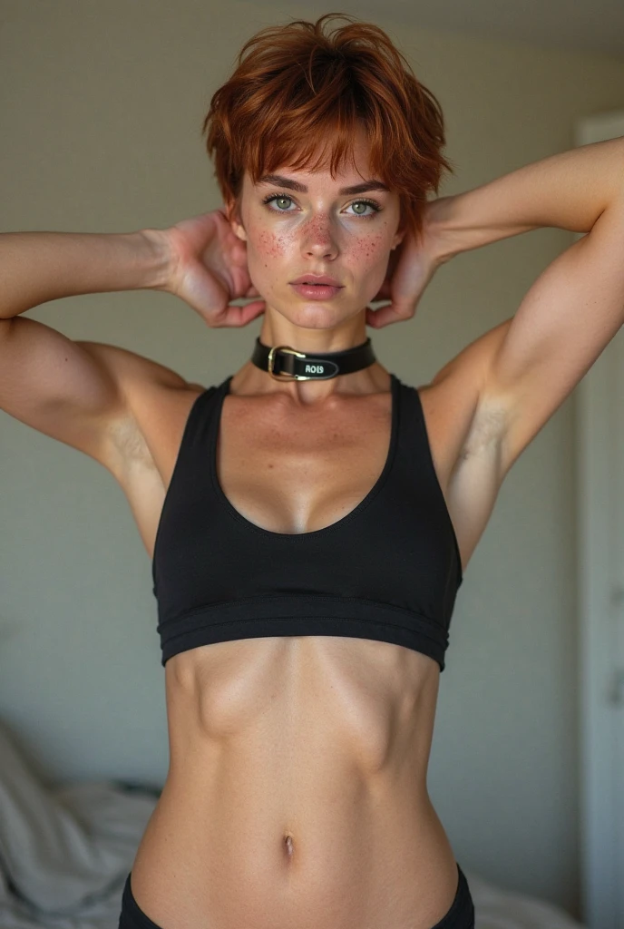 (Muscular:1.7), (thick thighs:1.7),
(ginger female:1.5), blunt bangs, red hair, (big smile:1.5), shoulder length hair,
(stud earrings, lipstick),
(small breasts),
(collar:1.2), nude, naked,
looking at viewer, (sitting on all fours:1.2), (sitting on the ground:1.4),
living room, (fuzzy shag rug), (rim lighting, two tone lighting, dim lighting, soft lighting:1.5), bokeh, detailed skin, detailed eyes