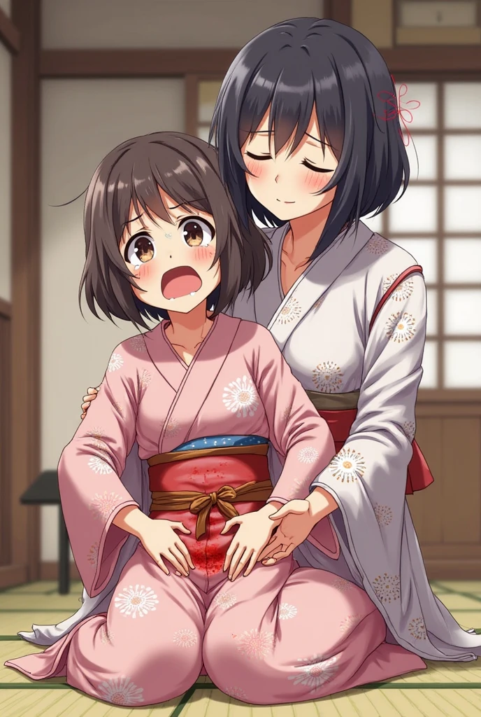 Period drama manga style　A 15-year-old super beautiful Chinese girl with black hair in a bun cut(1 person)　She is wearing a royal pink long-sleeved Chinese dress　In a dimly lit bedroom　Floral Futon　She is forced onto all fours by the perverted old emperor and cries in fear.　She exposes her nipples and starts having sex with a penis inserted into her pussy in a doggy style position　She loses her virginity and becomes pregnant　She was creampied with cum from a high-speed piston　She vomits dirty from her mouth、Vomiting a lot of vomit　Dripping snot from one&#39;s nostrils