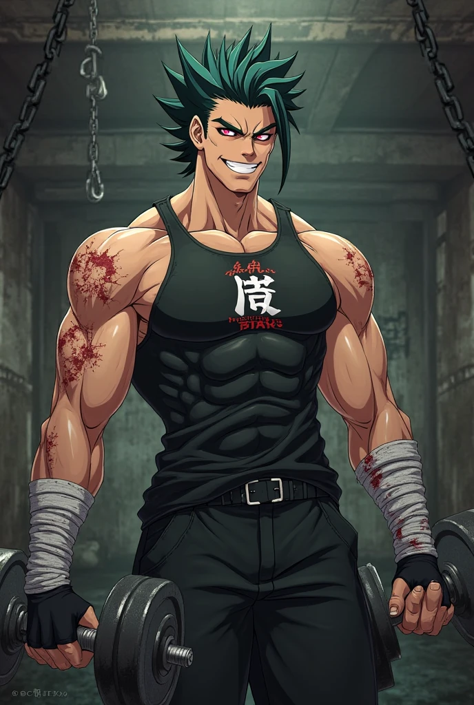 anime boy male horror aggressive with chains in background with blur, 8k high quality image gym workout
