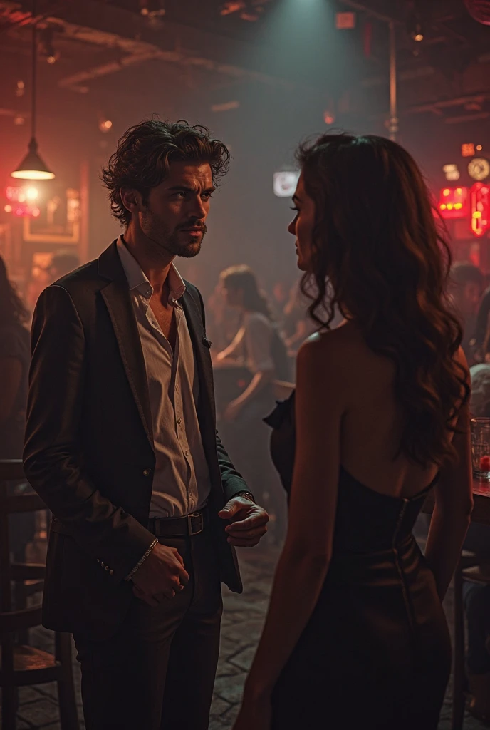 Hot woman standing with hot man in the haunted restaurant in the night dark