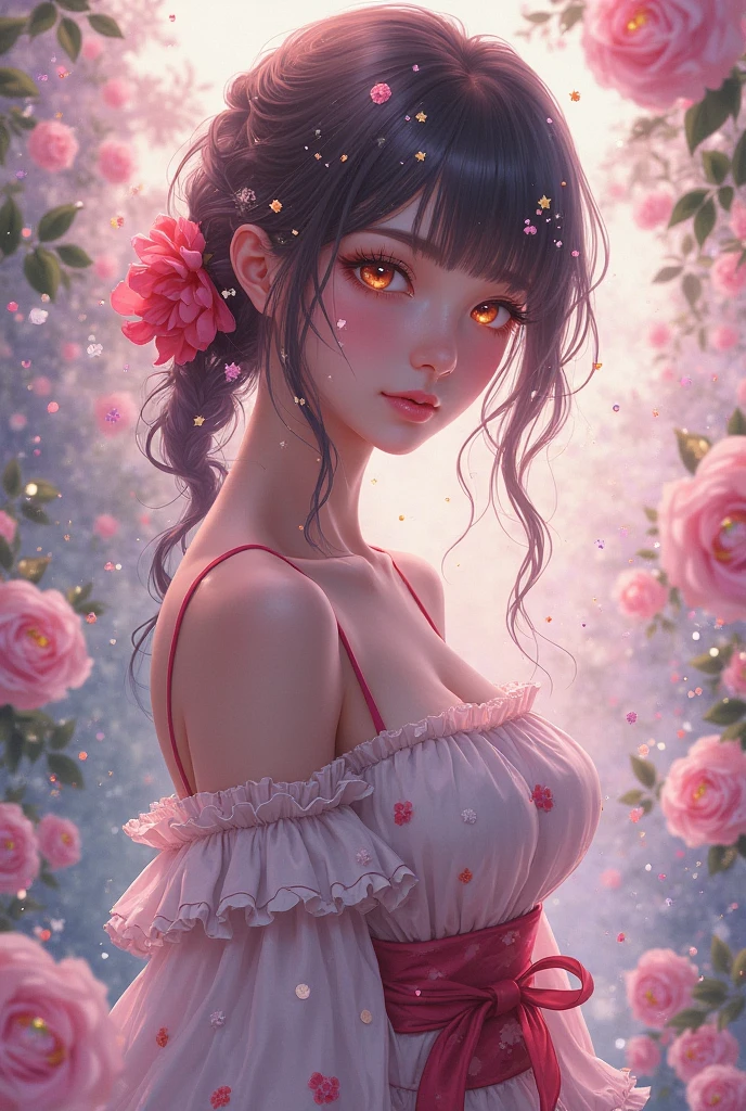 (high quality), (neon) flowers on top of a dead woman dirty with blood