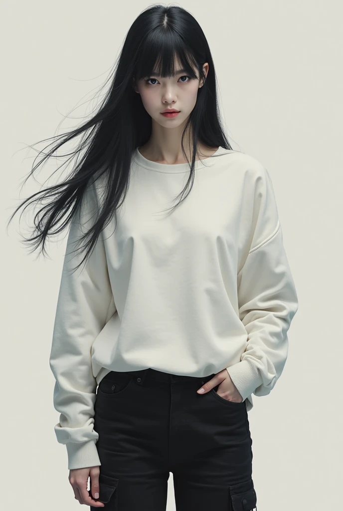 Make a picture of a female anime character with long black hair and blue eyes wearing a white turtleneck top covered with a black jacket and long black pants, anime style.