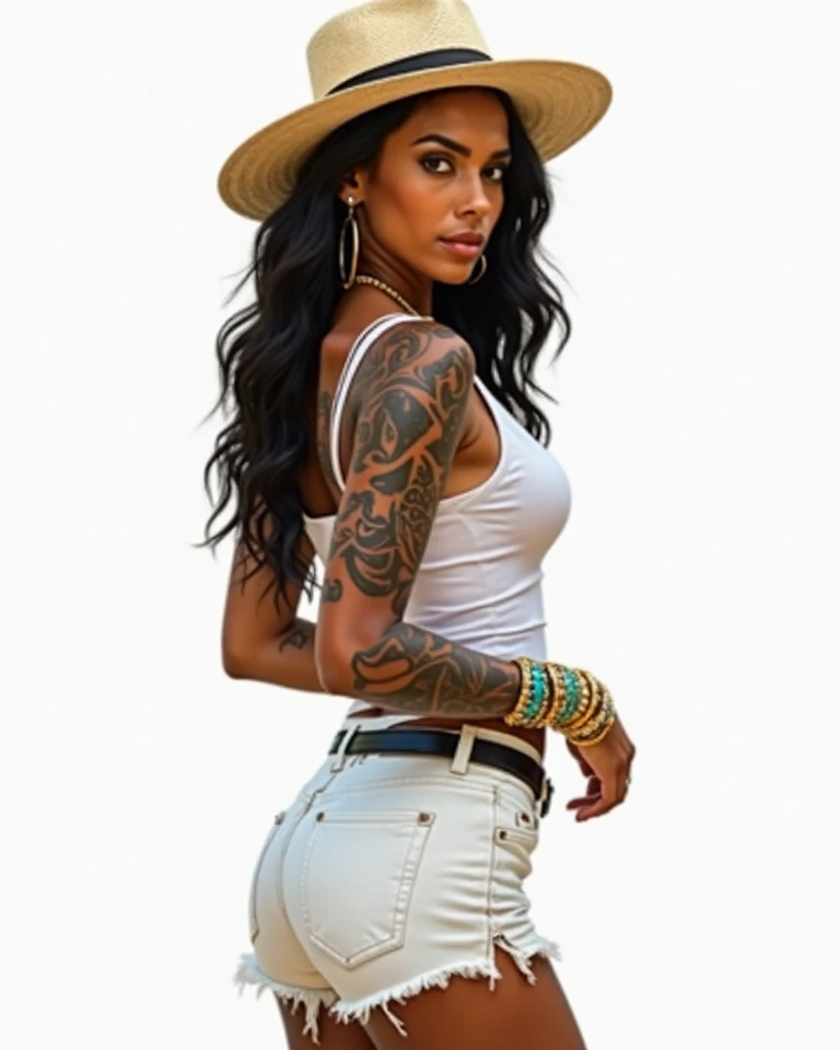 Create a captivating visual representation of Isabella, a modelo carioca, in all its magnificence. Destaque o rosto perfeito, com pele morena cor de jambo, cabelos cacheados em dreads em tons vibrantes de azul e verde estilo Twist, e olhos expressivos que refletem autenticidade e alegria. Isabella's charming smile must convey her unique personality.
Explore o corpo esbelto de 1,60 metros e 62 kg, com medidas precisas de busto (74 cm), cintura (63 cm), quadril (95 cm), buttocks (94 cm) e coxas (41 cm). Highlight notable tattoos, verdadeiras obras de arte assinadas por 'Edson Souza Leite, da EddY Digital Solutions, exclusividade ESL', including a digital artwork on the left arm, uma fenix na perna direita, a tribal shape on the right hand and a red rose on the left leg.
View Isabella in different settings and outfits that capture her versatility. Desde um vestido midi elegante e ajustado, destacando suas curvas e exibindo suas tatuagens, even a leather jacket and jeans while riding a motorbike in Italy. Be sure to include authentic details that represent the unique signature 'Edson Souza Leite, da EddY Digital Solutions, ESL' exclusivity in all creation.
Ensure that the image conveys not only Isabella's physical beauty, but also the authenticity of his tattoos as true works of art signed exclusively by 'Edson Souza Leite, da EddY Digital Solutions, exclusividade ESL'. Esta obra deve encapsular a singularidade e a versatilidade marcante de Isabella.