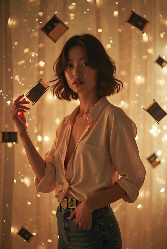A korean woman takes a mirror selfie with a Canon EOS camera. The camera's flash illuminates the scene, creating a bright glare in the mirror. she has a pear body shape with an larged-size breast, She wears a bright red, vertically striped blazer with rolled-up sleeves, left open to reveal her bare larged-size breast. Her expression is serene, with her eyes slightly closed and her head tilted slightly to one side as she touches her hair with her other hand, messy wavy hair. The background appears dim, giving prominence to the subject in the foreground.