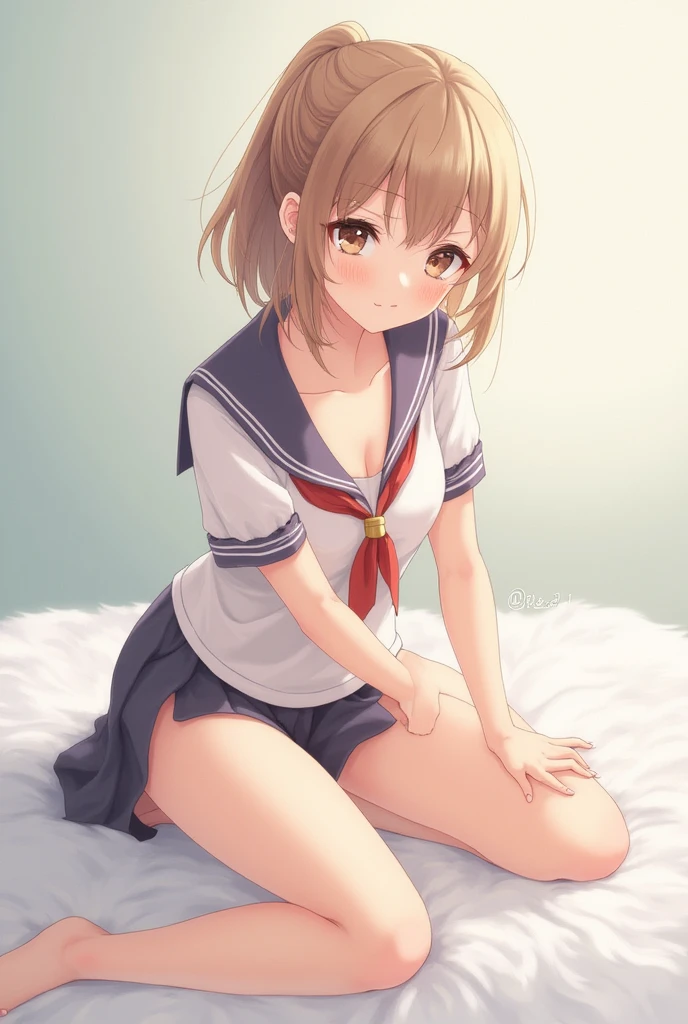 13 years old, Height: 160cm, beautiful and cute, with a shy look. 1 female. light brown hair. yellow-green eyes. shortcut. To match the bangs. A black sailor suit with a white sailor collar and red thread on the cuffs. White panty groove. white knee socks. Small white beret with ribbon on the back. warm lighting. photo quality, High resolution. A nice room for girls. She was sitting on a pale pink bed. Her legs were open. She put her hand on her chest. An open pink condom was lying on the floor near her..