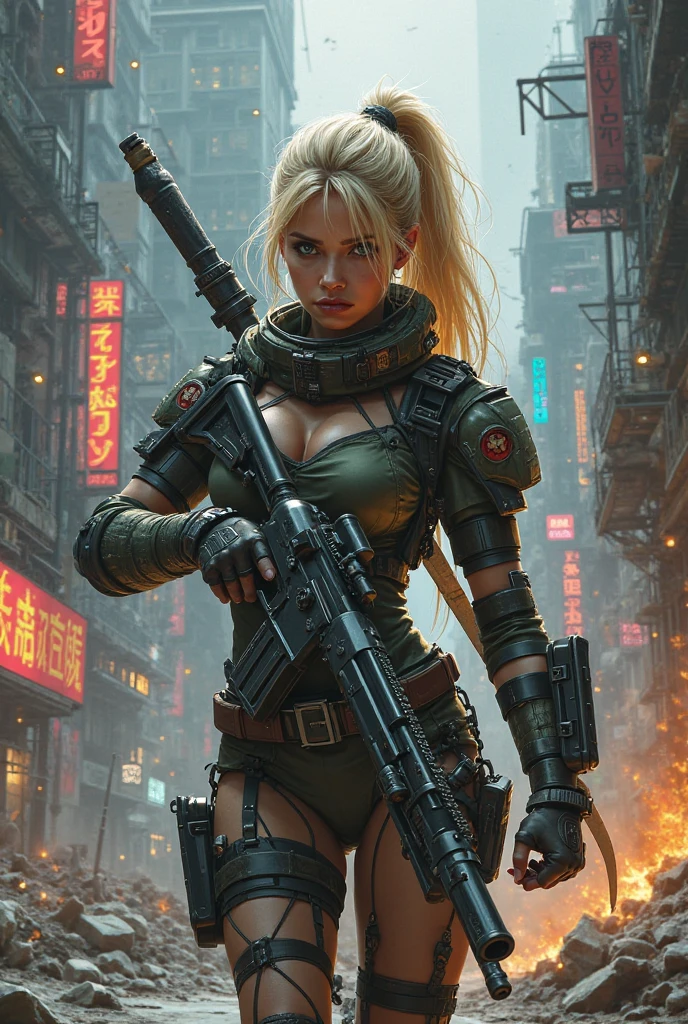torso shot, facing away, best quality, masterpiece, cyberpunk Sophie Turner as 1girl, (solo:1.1), ultra detailed,detailed face, 8k wallpaper, platinum white hair in side cut fashion, wide hips, smile, Sophie Turner as military female soldier with gear of war, city background, smoke and rubbles, by gustav klimt , atey ghailan, by greg rutkowski, by greg tocchini, by james gilleard, by joe fenton, by kaethe butcher, gradient blue, green and purple color scheme