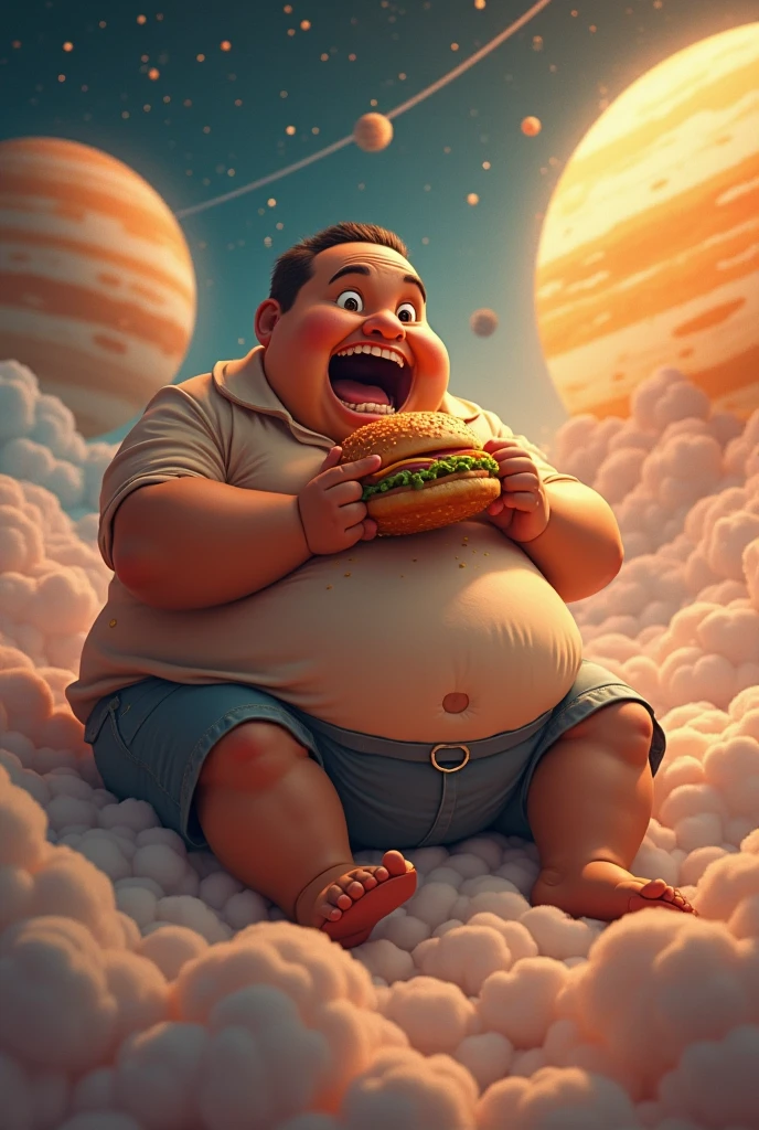 Create an obese person in space by eating a planet, that this image is like a poster for a movie whichever #gordo j"