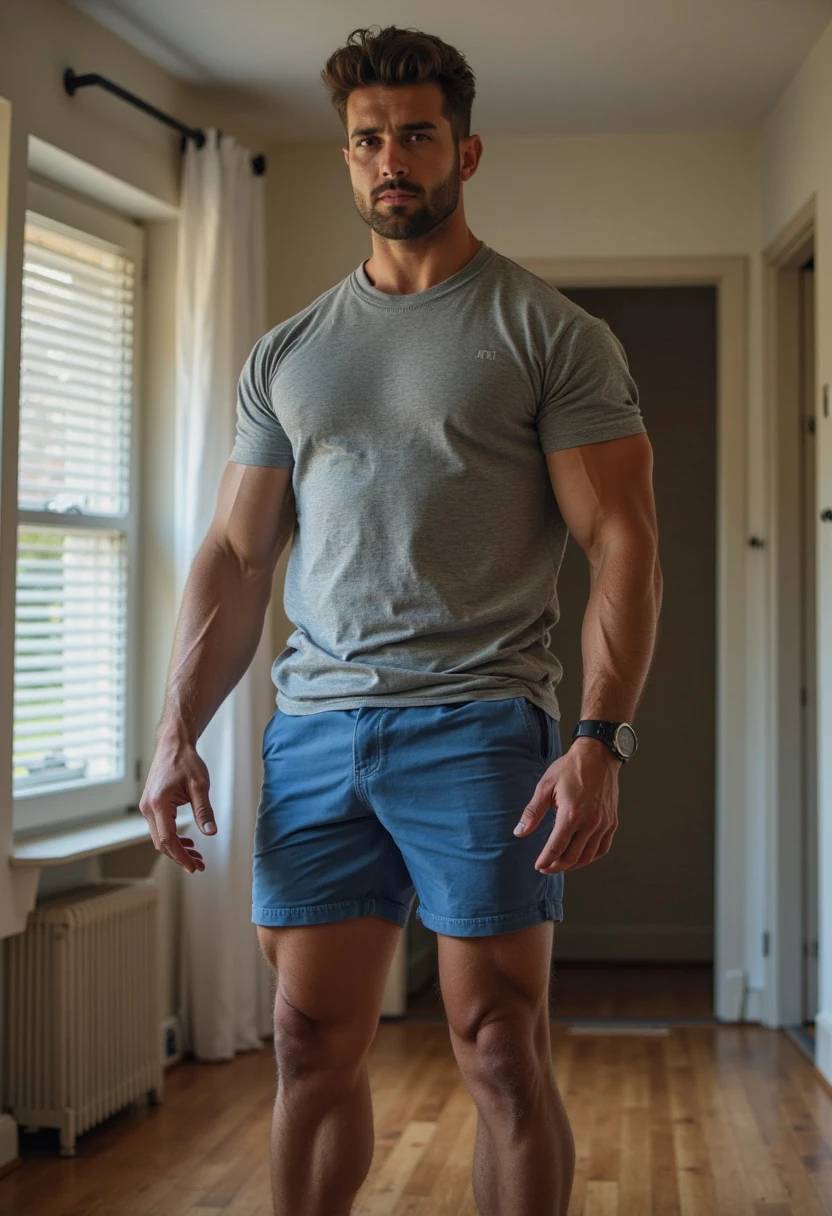 Japanese high school boy、15 years old、Well-developed muscles and smooth skin、Pale blonde hair, spiky like Bakugou、Light pink boxer briefs、A full body shot from toes to head、A masculine pose in a dimly lit forest barn、Hero Academy、Open your mouth and smile boldly、looking at the camera