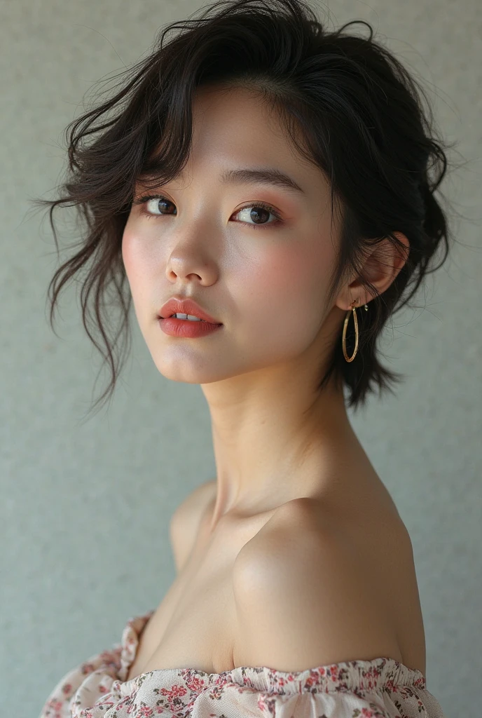 (Very cute 20 year old young woman from Japan), ((delicate hair between brown and blonde)), ((messy side wave short hair)),medium bust size、small tits、 (((Clean hands))),(Curly hair),(((Very sweet smile))), (((She is wearing a bikini))) ((of the highest quality, 16 K, masutepiece: 1.3)), Light on Face, hyperdetailed face, very detailed lips, Detailed eyes, City Street,Angle from below:1.5,