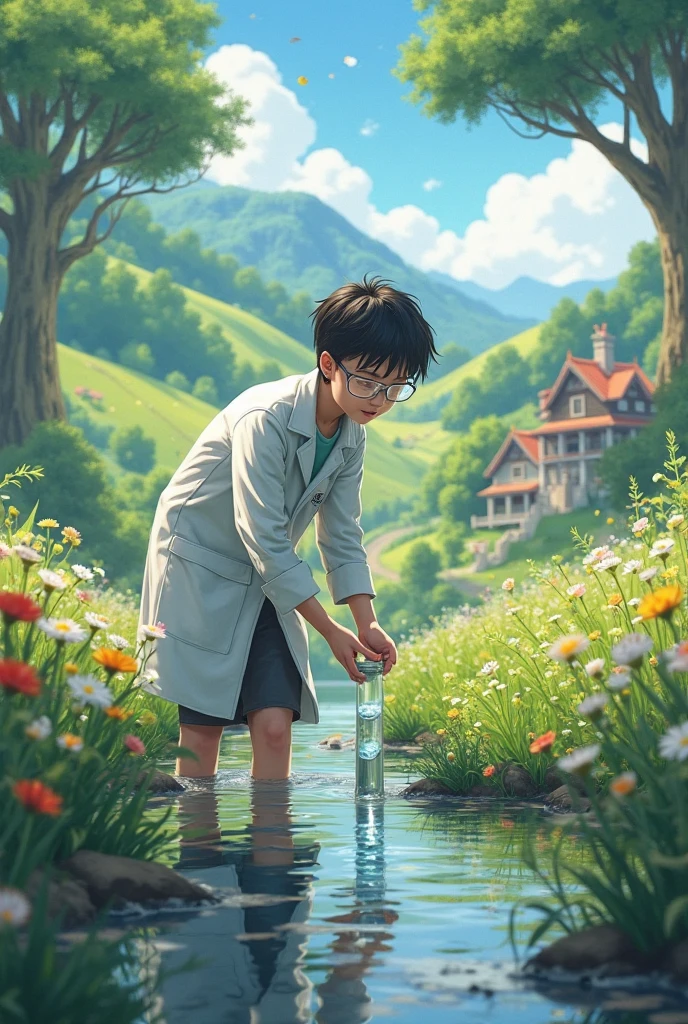 1boy, Harry Potter, outing, eating watermelon, drinking Coca-Cola, flowers and trees, small rivers
