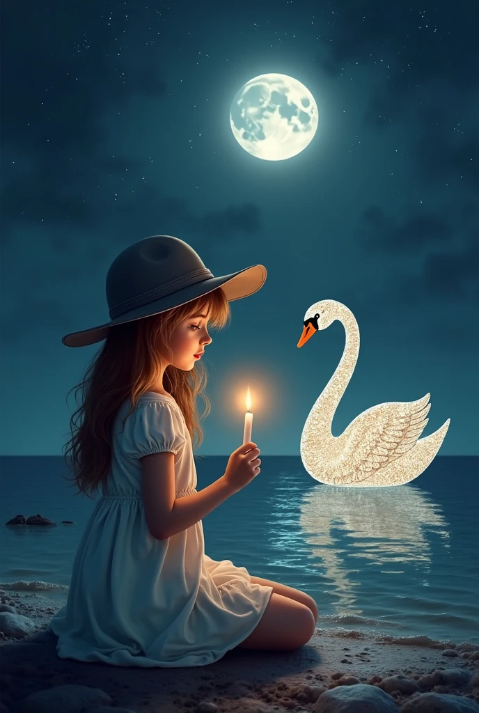 little cute angel with feathered wings looking to the night sky, ((gorgeous face)), ((realistic)), sitting on the outer egde marble gazebo at night garden and surrounded by white litle birds flying around her, all illuminated by the moon, intricate detailed, professional lighting, high definition, 8k, studio light