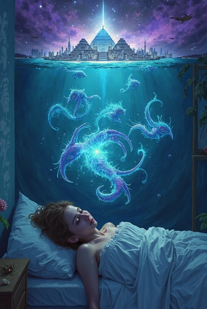 (sleeping mermaid in a submerged bedroom with lots of lush) (abandoned bedroom) (glowing jellyfish) (mysterious and gloomy) (lots of moss)