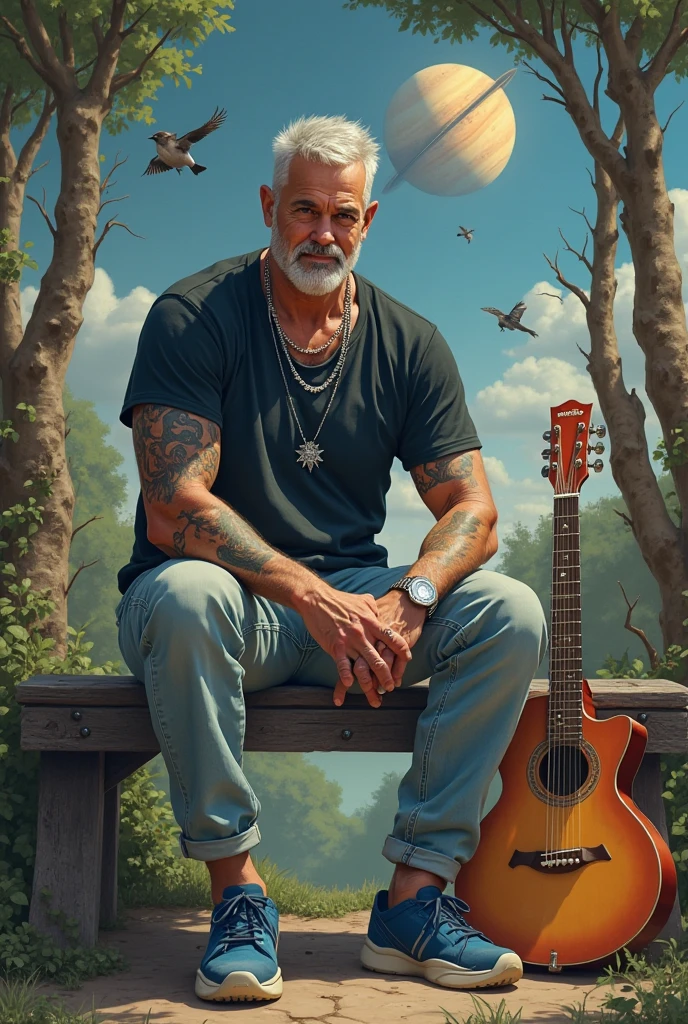  Hyperrealistic image of an old blonde guitarist superhero playing guitar sitting on a hippie log surrounded by many butterflies with very long curly gray hair braided with flowers in his hair A super heavy bodybuilder smiling flexing his muscles A full body obese bodybuilder with a very sweaty body An extremely old man, muscular and extremely fat over 70 years old weighing over 600 pounds, hombre musculoso muy peludo con piernas muy grandes, very sagging pectorals dark nipples and gynecomastia in a field of daisies with torn jean shorts and bare feet. 