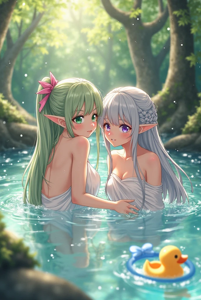 Beautiful elven women bathing and frolicking in a lake surrounded by greenery、sunset、Close-up
