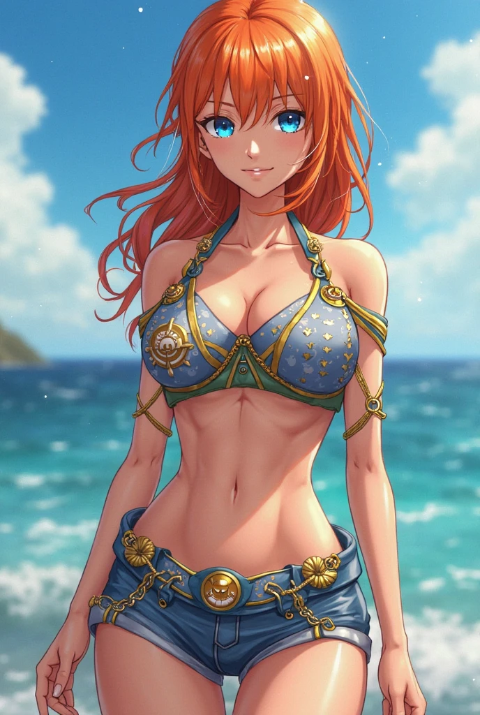masterpiece, ((ultra detailed background, delicate pattern, intricate detail)), (highly detailed, fine details), best quality, beautiful lighting, ((medium breasts, slim girl)), NamiFinal, ((Skirt,top)), simple shirt, 1girl, orange hair, solo, long hair, jewelry, brown eyes, smile, earrings, ((blue tattoo, left shoulder tattoo, hyperdetailed tattoo)), (complex detailed background, barren land, rocks, ocean, oustide, nature environment), (cowboy shot),