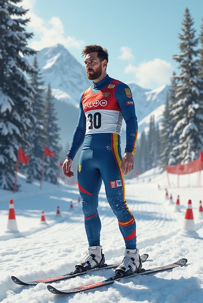 Draw a French national ice skating coach, young adult,  fire-red hair that reaches shoulder length,naughty man,pele caucasiana,greeneyes,turquoise ice skates, on the skating rink,wearing a trainer's outfit in the colors of the Polish flag 
