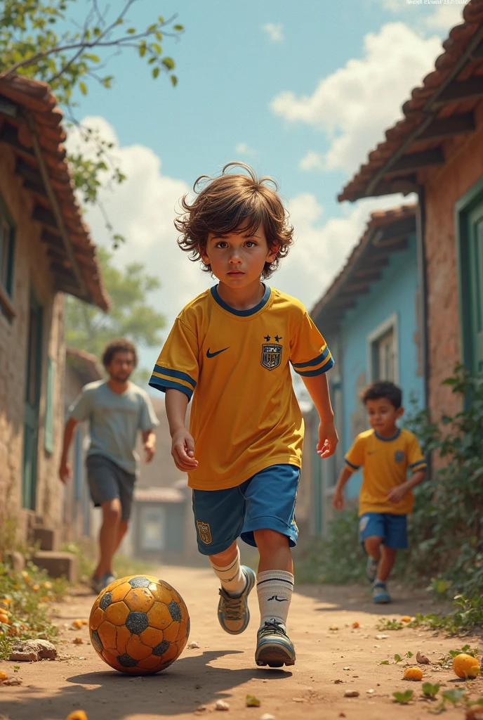 favela boy, Sando is the champion of the football championship., by the sesc team, com camisa amarela, e short azul, blue sock, black boot