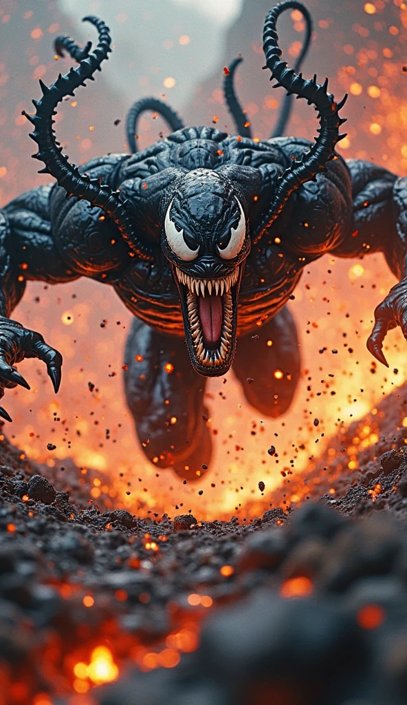 Venom Carnage standing atop Christ the Redeemer, his body pulsating with green and yellow hues, tendrils wrapping around the statue. He has a menacing grin, with fire sparks flying from his clenched fists, highlighting his muscular definition. the focus is on Venom Carnage's body, with highly detailed muscles, tendrils, and facial expressions. Use a mix of close-up and wide-angle shots, and incorporate visual effects like fire sparks and ice crystals. Aim for a hyper-realistic style in 4K or 8K resolution.