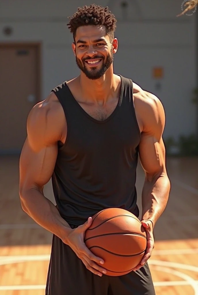 Hi, could you generate an image of a basketball player with the following specifications? Shirtless Marked pecs Noticeably visible penis Sweating Attractive Very tight shorts