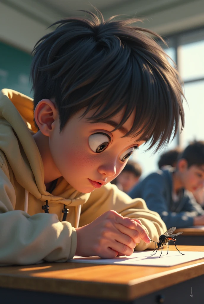 Many mosquito are flying or a boy whom seating in library, wearing LA name logo tshirt or holding a Bold language name Raj.Gk book and other students are also seeting his behind, in the background showing a bold language name*Lavansh Library* , watching mosquito with stress face, realistic image