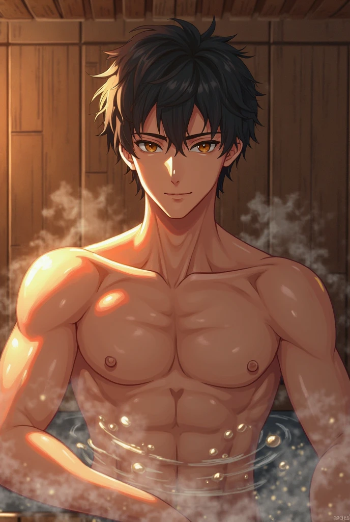 1boy、 Japanese、Cute face、laughing、relax、Upper body naked、slim、Very tanned skin、Short black hair、Developed abdominal muscles、Big nipples、night、bath、Washing the body、shower、