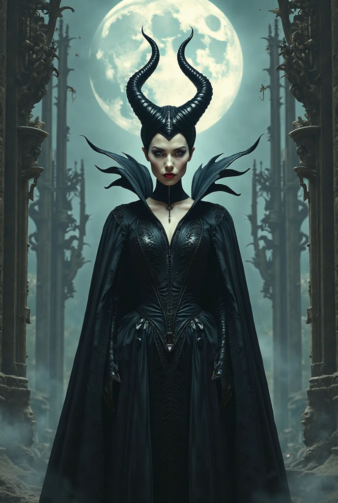 A stunning nude 3/4 shot of Maleficent looking almost non human, exotic, dangerous beauty, pale glowing eyes, emphasis on her horns, extra long horns, purple highlights, purple reflected light, in the nude, hyper realistic, real portrait, backlit, exquisite features, cleavage, sexy, seductive, unnatural light, soft light, location is the interior of a dungeon, green light, eerie, purple highlights:1.4, she is smirking, she is busty, her chin is raised, looking down at viewer, low angle shot, exquisite features, exotic, very pronounced cheekbones, high cheekbones, show her full horns, her head is tilted back