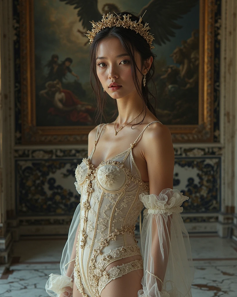 generate a lady with ((gigantic breast:1,9)), wearing tight luxury transparent kebaya, luxury bustier sexy transparent corset, batik tight long skirt and sanggul hair, slim waist, propotional body, her aura is really beauty, make the picture looks so lovely, masterpiece, full body picture, hyperdetail, 8k, ambient effect, digital effect, nsfw, completely naked, nude , nipples