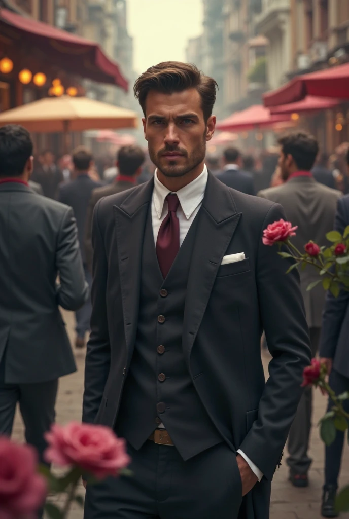 Gentleman He wears a classic black or navy blue suit, with a crisp white shirt and a well-fitted silk tie, possibly in shades of red or dark blue, He wears a classic watch on his wrist and carries a dark wooden cane with a silver handle., he may be wearing a fedora, like a Fedora, that complements your traditional look. The expression on his face is calm and friendly., with a slight smile on his lips. The environment around you is urban and sophisticated, with historic buildings in the background or an elegant street.