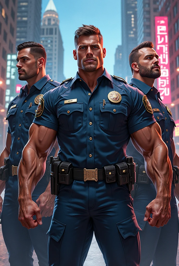 vista inferior, olho de peixe, Estilo Marvel, DIGITAL ILLUSTRATION OF 3 POLICE OFFICERS posing with ambulance behind him, Estilo Marvel, Action movie poster, cirene ligada, luzes de neon vermelho, Noturno