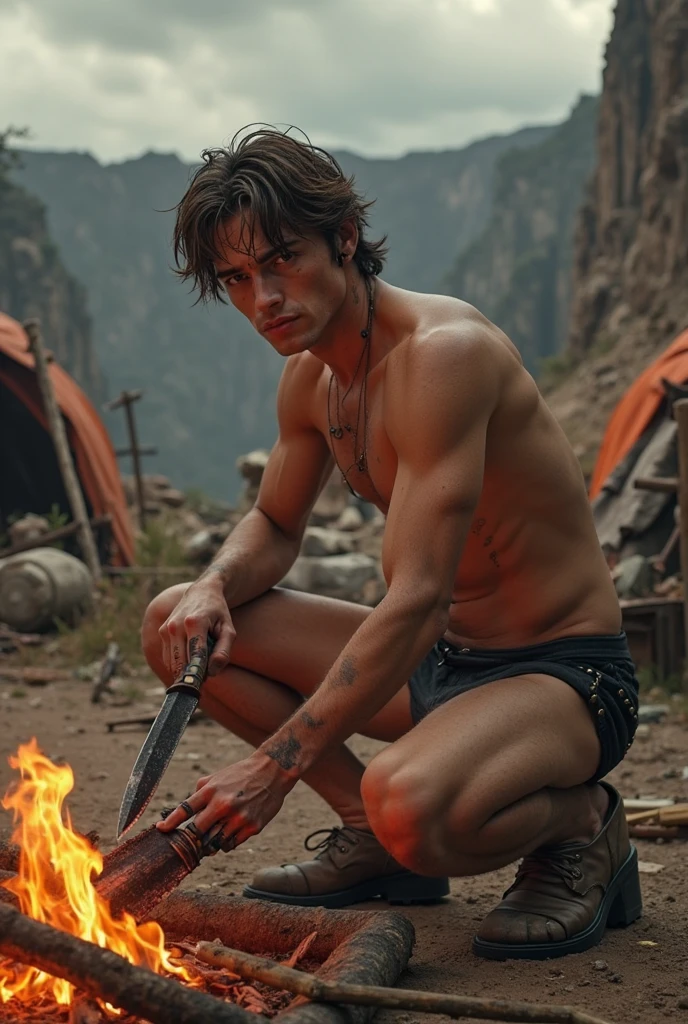 A sexy, white teenage boy with lean, defined abs and a light dusting of sweat glistening on his smooth, tanned skin. His black hair is styled in a sleek, disheveled manner that accentuates his sharp features, which are currently contorted into an expression of exhaustion. He stands with one hand braced against a scorched battlefield backdrop, the other hand holding a broken sword that symbolizes his recent victory. His attire consists of nothing but a skimpy black g-string, which clings to his narrow hips and showcases his firm, muscular thighs and bulging crotch. His chest heaves with labored breaths, and the thin line of fabric does little to hide the outline of his semi-erect cock, which is partially obscured by shadows. Battle scars and bruises mar his torso, telling a silent story of the fierce combat he has just endured. Despite his weariness, there's a hint of pride in his eyes, and his full, kissable lips are parted in a gasp. The setting sun casts a warm, amber light across the scene, highlighting the stark contrast between his pale skin and the grim, post-apocalyptic landscape. The image exudes a powerful mix of vulnerability and raw masculine appeal, leaving the viewer captivated by the young warrior's undeniable allure amidst the chaos.