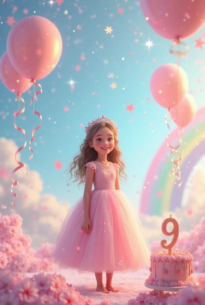 3d, menina gordinha, vestido cor rosa e azul, holding balloons