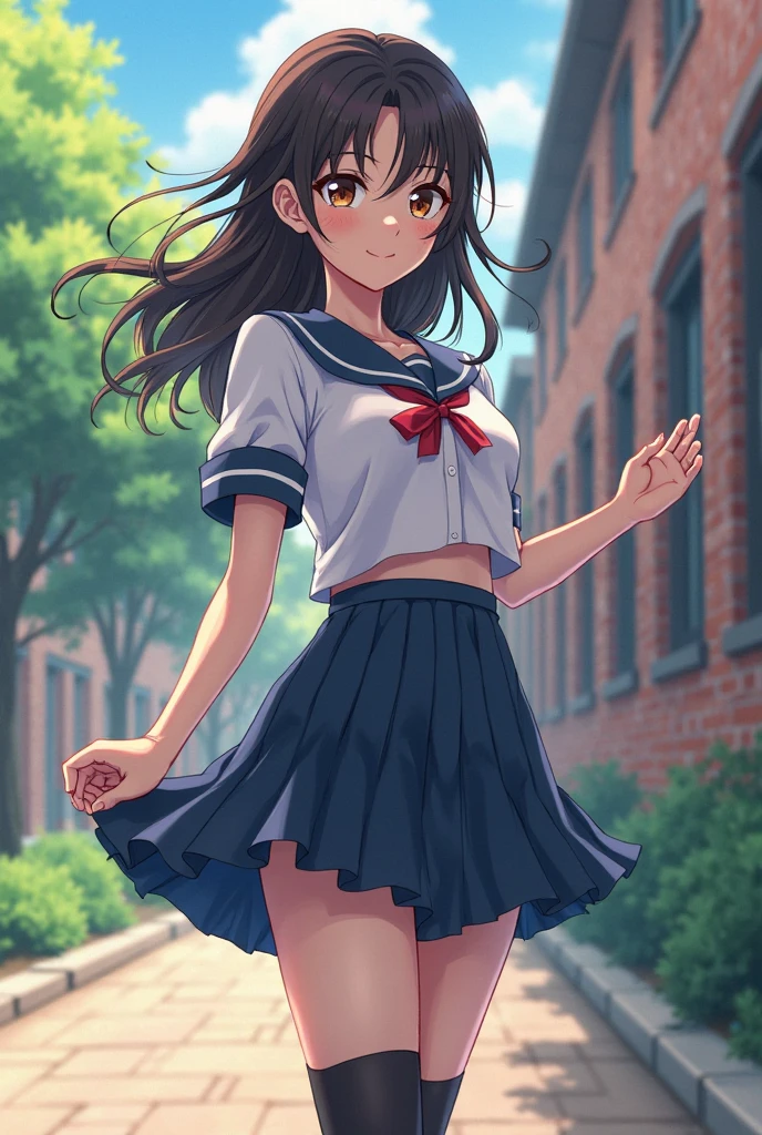 scowling face,cowboy shot,thin legs,standing,very young girl,extremely skinny girl,front shot,flat chest,low twin tails,black hair,red ribbon,pink panty,wedge in panty,navy colored hip length sailor uniform, navy colored long skirt,white knee socks,burst out skirt,up skirt,panty shot,from below,ground level shot,sanitary napkin