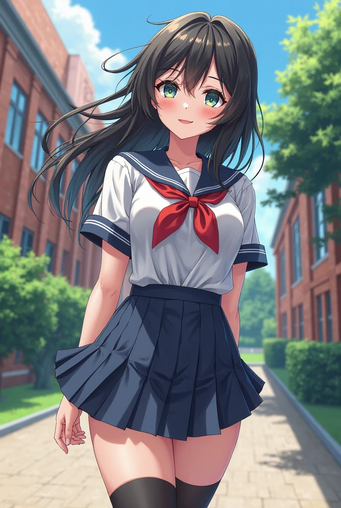 (RAW quality:1.4), (masterpiece:1.2, highest quality), (Realistic, photoRealistic:1.4), Beautiful illustrations, (Natural side lighting, Cinema lighting), , (Watching the audience), 1 girl, Japanese, high school girl, Perfect Face, Symmetrical cute face, Glowing Skin, , (Middle hair:1.4, Twin braids:1.2, Black Hair), Hair between the eyes:1.5, Hair above one eye:1.1, Big eyes, Emerald green eyes, Droopy eyes, Long Eyelashes, (Large Breasts:0.6), Beautiful Hair, Beautiful Face, Detailed and beautiful eyes, Beautiful clavicle, Beautiful body, Beautiful breasts, Beautiful thighs, Beautiful feet, ((Symmetrical clothing, Fine cloth texture, A cute, thin, short-sleeved sailor uniform, Pleated skirt, Red bow tie)), Black socks, hair band, (Beautiful views), Daytime, Flower Field, Modern, (Facing forward), (Impatient look, Blushing cheeks, Embarrassed look), (((Skirt pulling, Wind Rift))),
