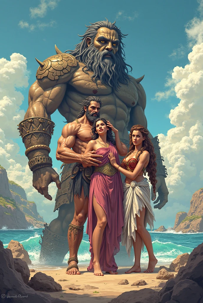 A oldman with greek clother standing and see 2 people which is a naked woman hug a naked man, Another nake woman faraway,, full body, naked, three females knee greek with cloak, female greek take a bath, painted of rugged zeus and queen hera, god of thunder, female greek god, white hair, masculine, mature, handsome, upper body, muscular, hairy torso, fantasy, intricate, elegant, highly detailed, digital painting, artstation, concept art, smooth, sharp focus, illustration, art by gaston bussiere and alphonse mucha, almost naked