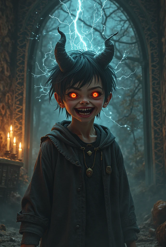 A demon , with glowing red eyes and razor-sharp fangs, clad in tattered black clothing, stands defiantly in the dimly lit room. His horns curl menacingly above his forehead, and his clawed hands are balled into fierce fists. Despite his sinister appearance, a mischievous gleam dances within his eyes as he contemplates his next prank. The shadows around him seem to pulse with a malevolent energy, and the once pristine walls bear the scars of his unruly antics. The room, filled with the acrid smell of sulfur, is a clear indication that this is no ordinary .