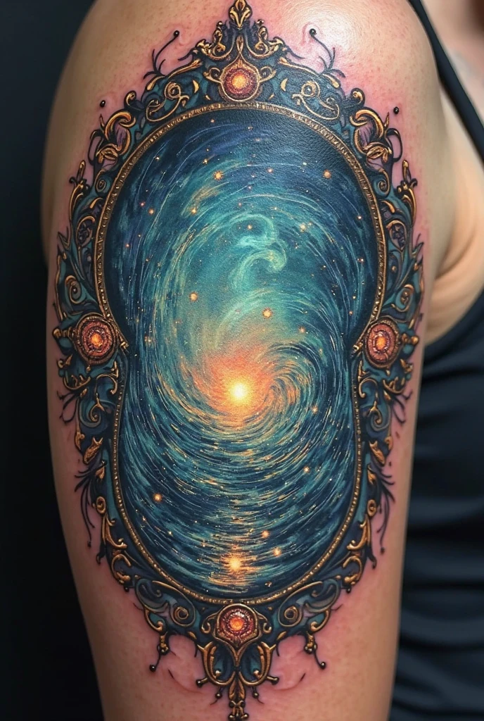 tatouage dans le dos, Very finely executed tribal fractal spiral galaxy tattoo, fine and very precise tattoo, dessin d'une galaxie spirale au centre du tatouage