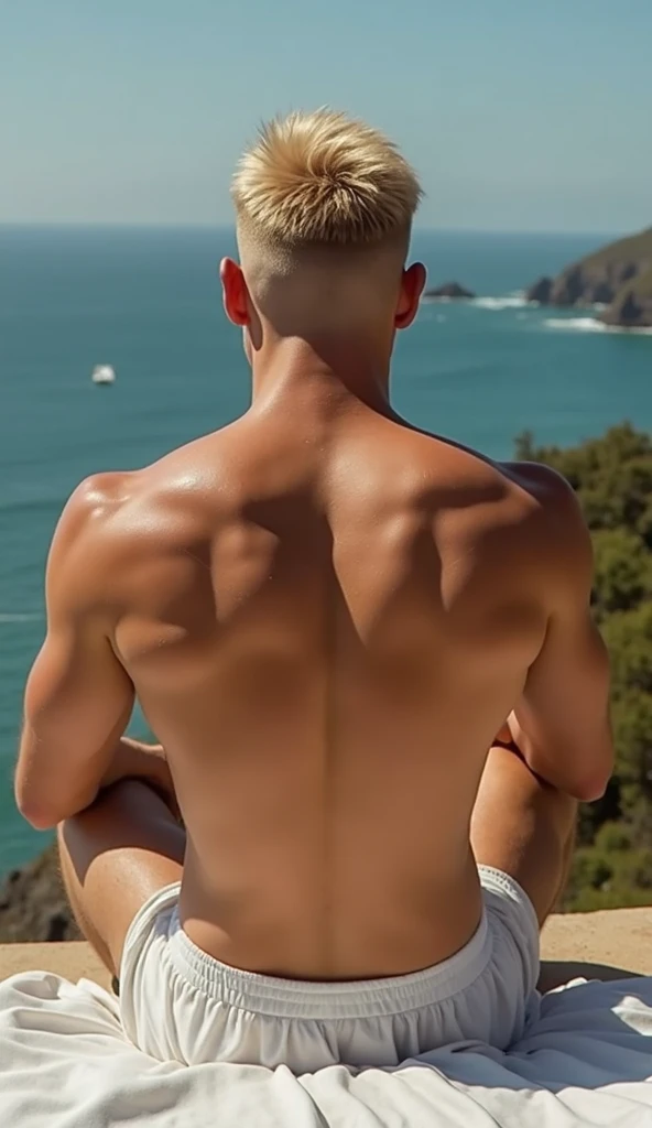 score_9, score_8_above, A seductive man, with green eyes and short hair, sitting on a rock at the edge of the beach at dusk. He is shirtless, naked, with the gentle wind blowing through his hair. (penis), (testicles), (anus), (butt), The sun sets in the background, creating a romantic and serene setting.