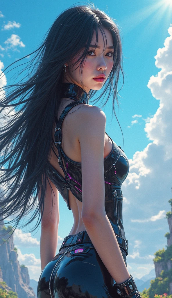 A superheroine wearing skimpy outfit, sleeveless, long hair, flying, wielding daggers, no cape, no mask, dynamic pose, 3d, (8k), detailed texture,(hyperdetailed), (photo realistic), cinematic light, cinematic action, highly detailed, realistic, Isometric, full body, in frame, driven expression, dark theme, (extremely detailed eyes), detailed symmetric realistic face, extremely detailed natural texture, masterpiece, extremely detailed, amazing, fine detail, rich colors, hyper realistic lifelike texture, dramatic lighting, unreal engine, trending on art station, photo realistic, RAW photo, high quality, high res, sharp focus, extremely detailed, cinematic lighting, 8k, high definition, cinematic, neoprene, unreal engine 5, ultra sharp focus