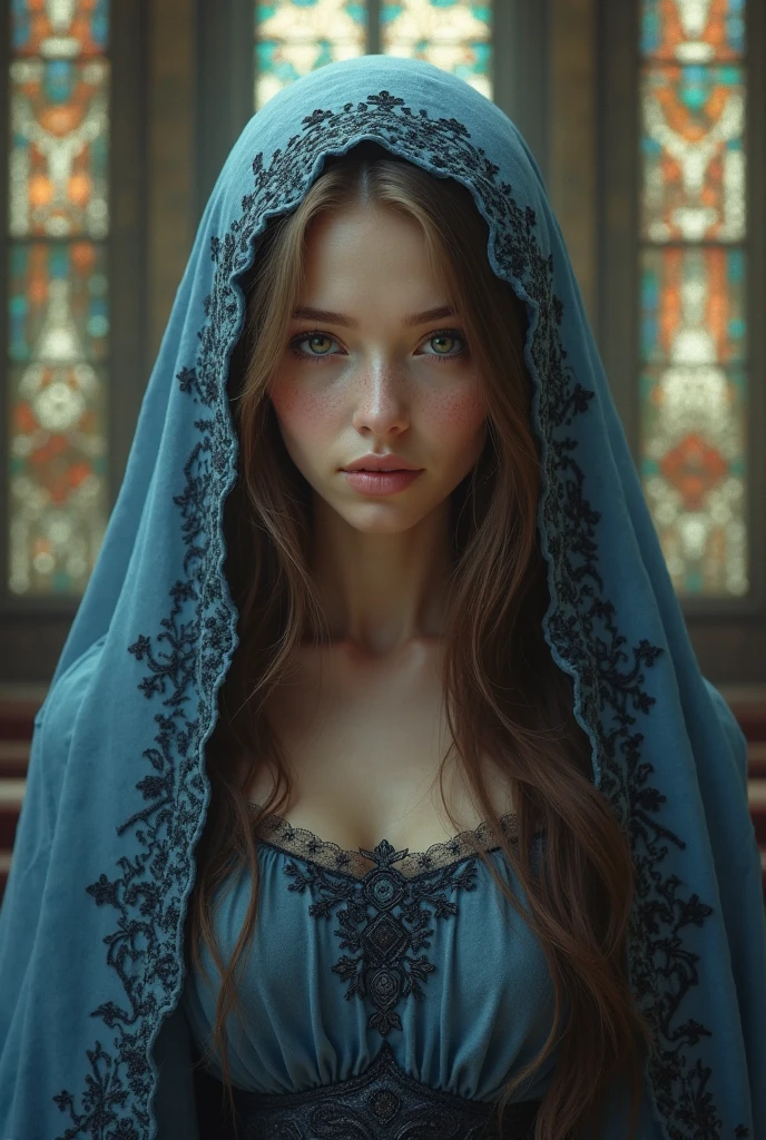 Staring at the camera with moist eyes、The Virgin Mary with a loving expression, whole body, I have, Reddish beige lingerie, The Virgin Mary in a blue cloak and veil
